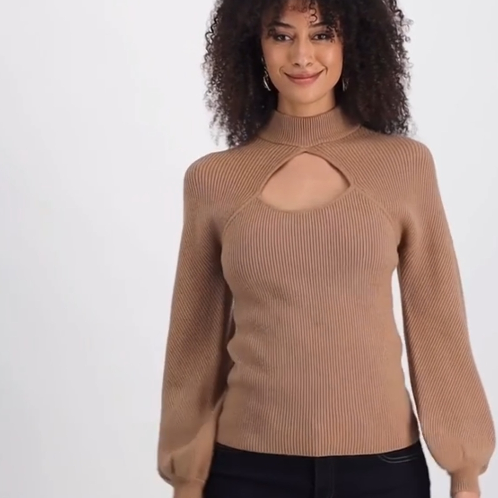 Womens Mock Neck Cutout Blouson Sleeve Sweater Tan Elegant